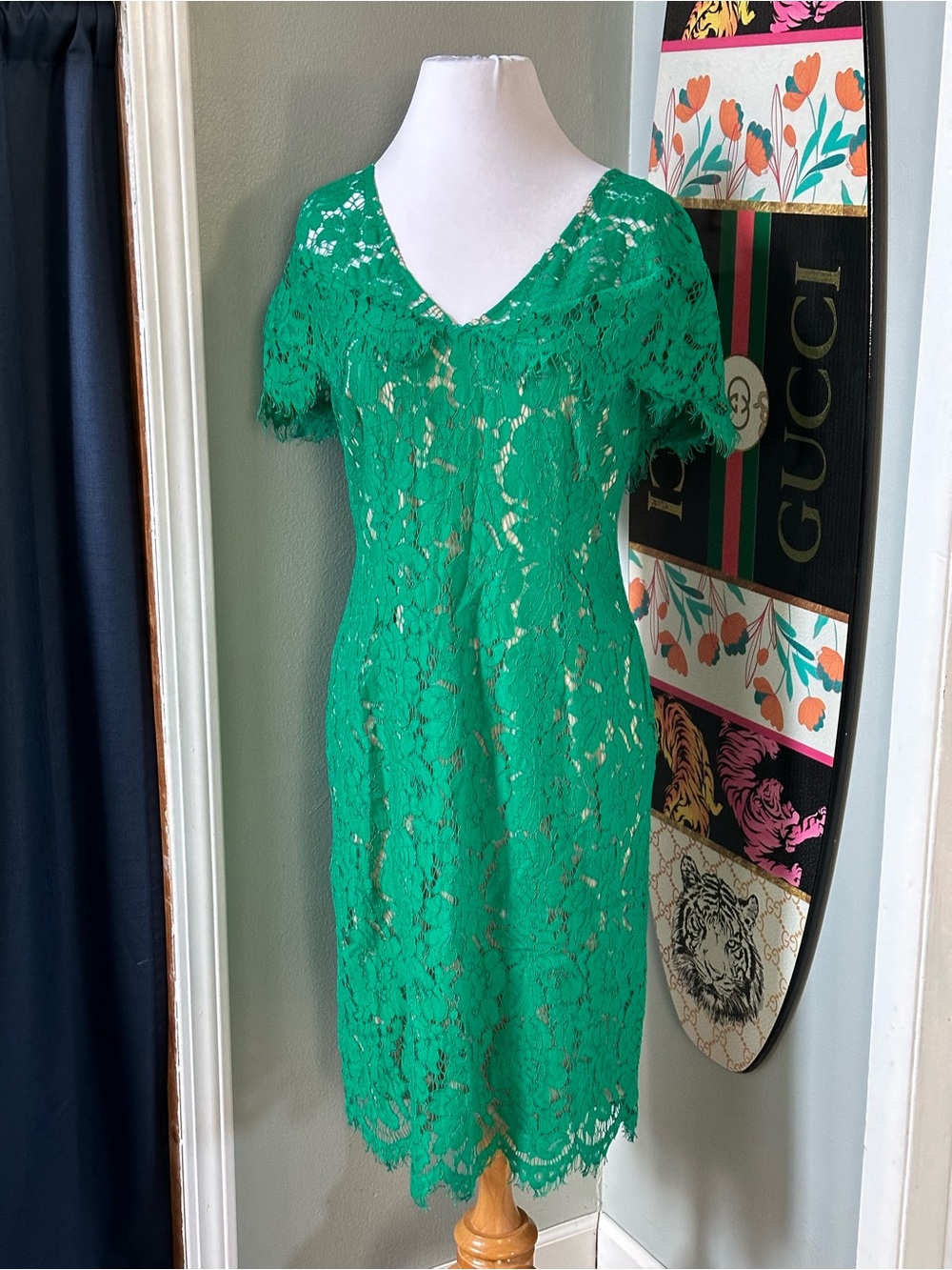 Cenia New York Green Lace V-Neck Cap Sleeve Dress Garden Party Wedding Formal